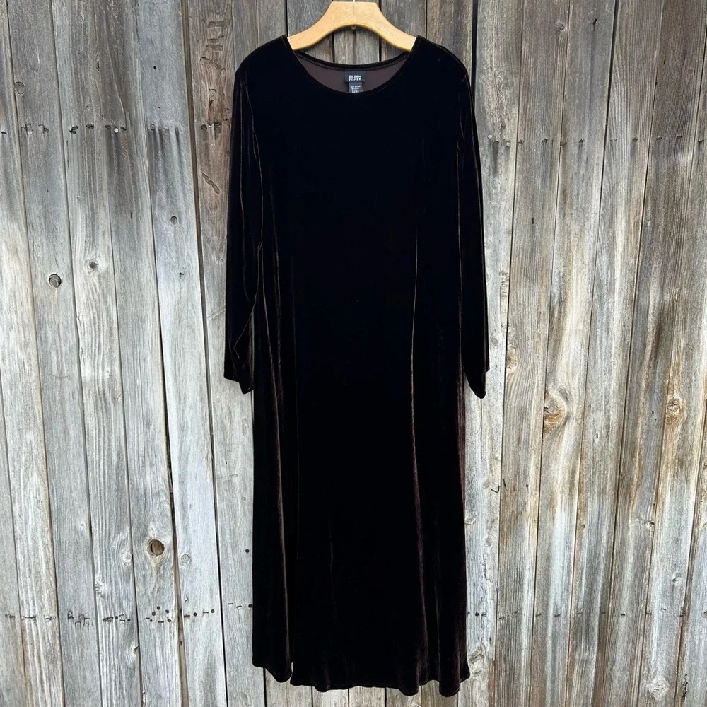 Eileen Fisher Stretch Velvet Maxi Dress Bateau Neck Brown L - Picture 1 of 15
